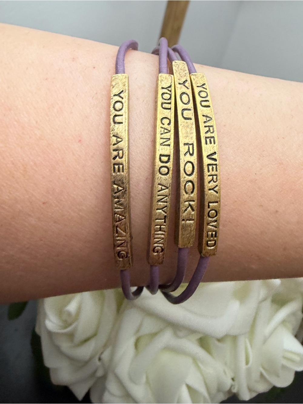 Inspirational Lavender Leather Wrap Bracelet with Gold Accent Bars